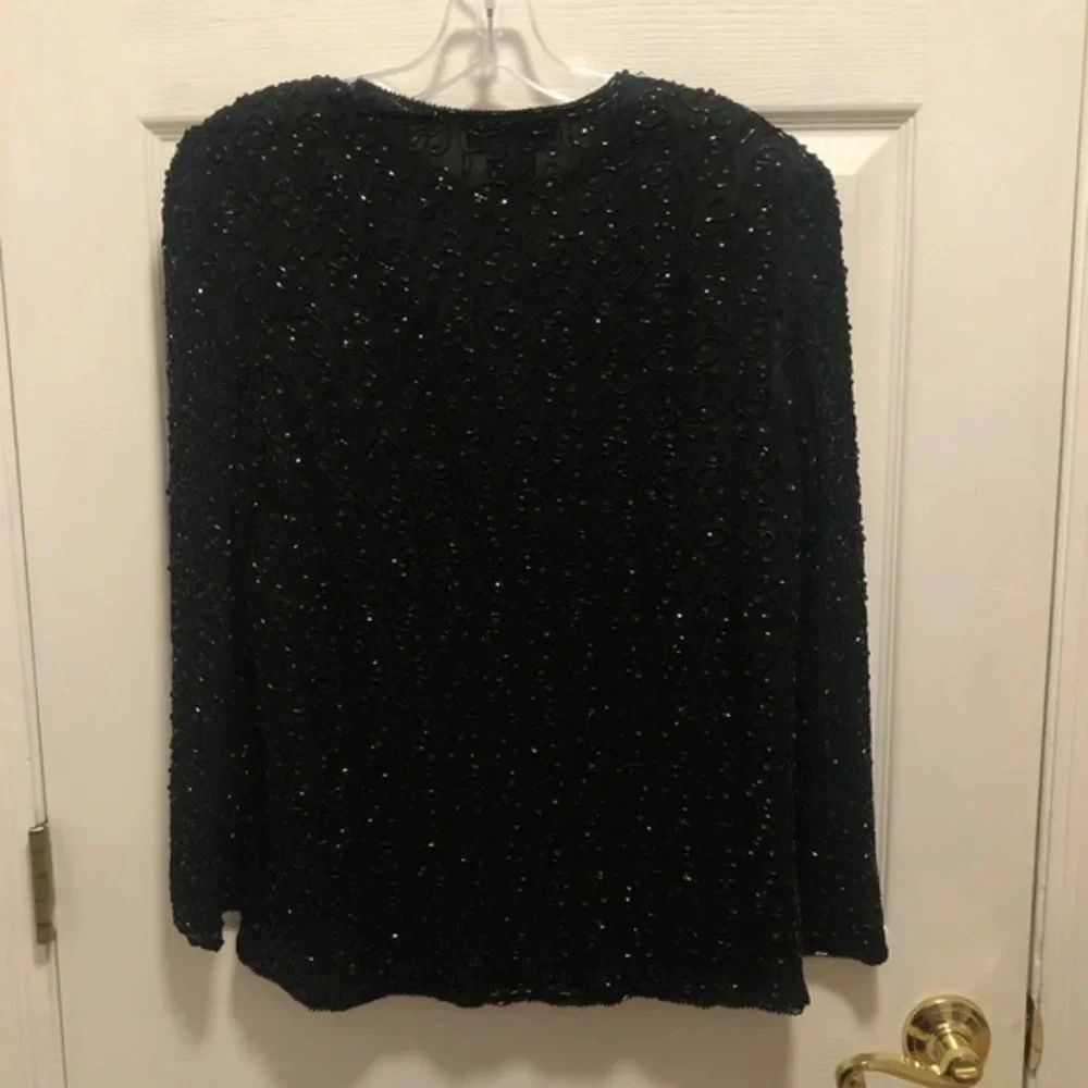 Laurence Kazar Vintage 1980s Silk Black Beaded Sequin Cardigan Jacket Small